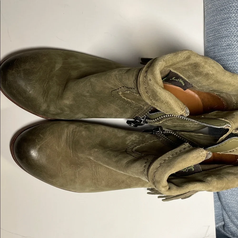 Sam Edelman Olive Green Ankle Boots leather heeled with Fringe size 6.5